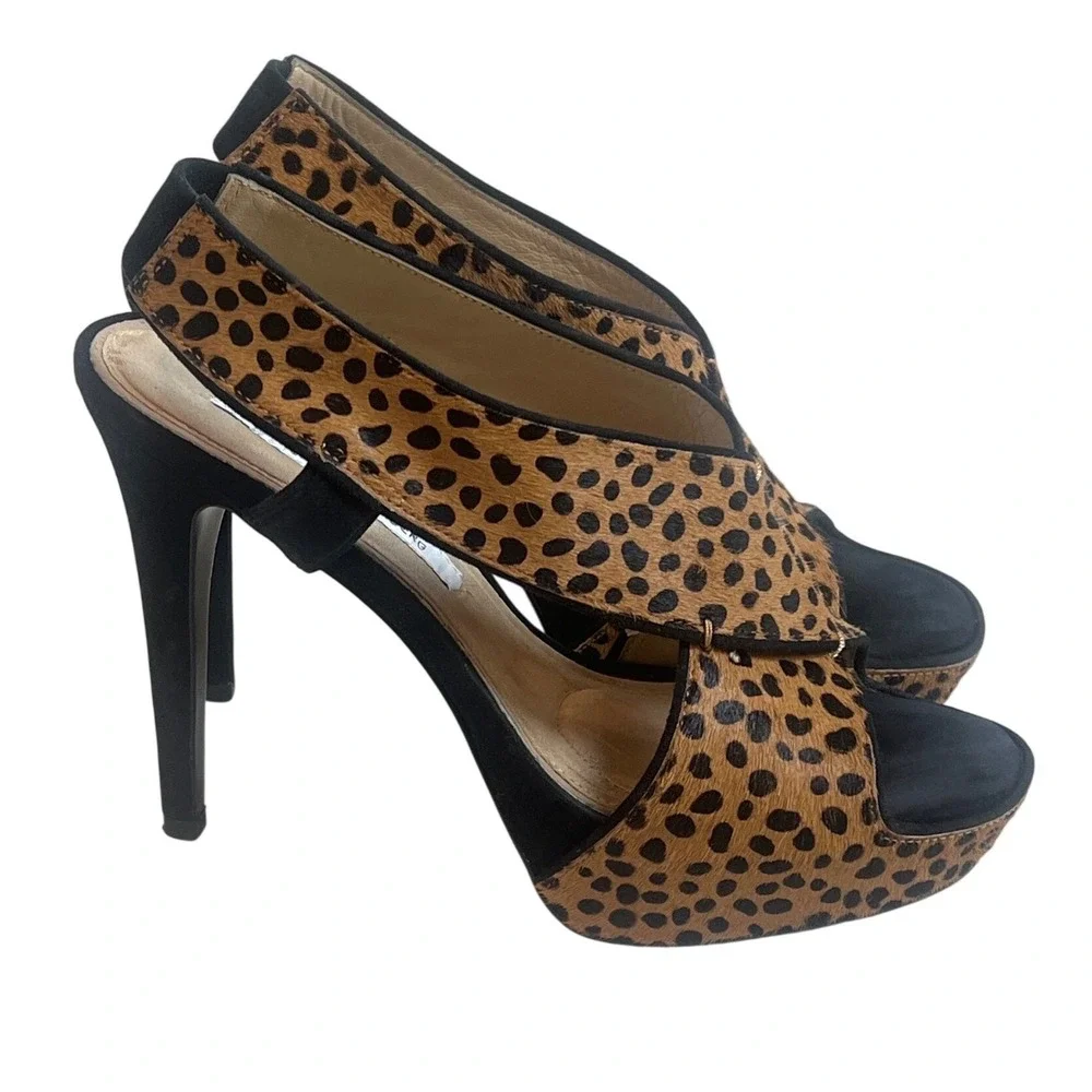 Diane von Furstenberg Leopard Calf Hair Platform‎ Slingback Heels Womens 8.5M